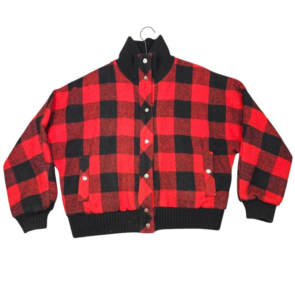 Izzi VTG 90s Buffalo Plaid Bomber Jacket Red Black Wool Blend Sz S